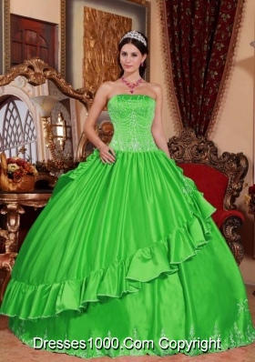 2014 Strapless Embroidery Spring Green Long Puffy Quinceanera Dresses