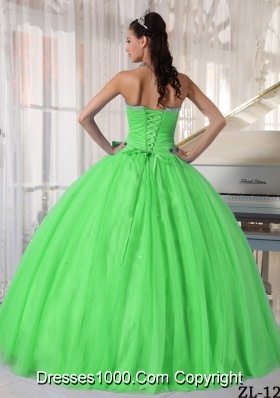 Green Puffy Sweetheart Quinceanera Dresses with Beading and Bowknot