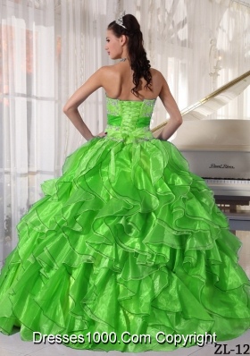 Pretty Sweetheart Puffy Appliques Spring Green Quinceanera Gowns with Ruffles