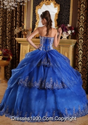 2014 Pretty Blue Puffy Sweetheart with Lace Appliques for 2014 Quinceanera Dress