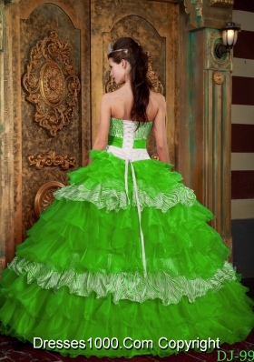 2014 Pretty Strapless Organza and Zebra Spring Green Quinceanera Dress with Ruffles