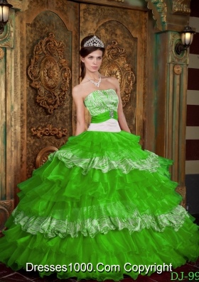 2014 Pretty Strapless Organza and Zebra Spring Green Quinceanera Dress with Ruffles