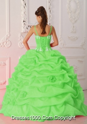 2014 Spring Green Puffy Straps Appliques Quinceanera Dresses