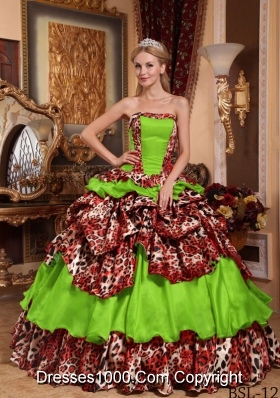 2014 Uniques Ball Gown Strapless Taffeta and Leopard Quinceanera Gowns