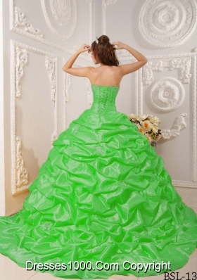 Appliques and Beading Strapless Spring Green Quinceanera Gowns with Court Train