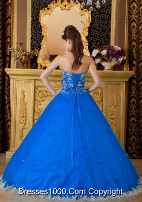 Blue Puffy Strapless Lace Appliques Quinceanera Dress for 2014