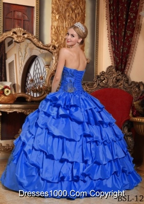 Brand New Blue Puffy Strapless with Appliques Quinceanera Dress for 2014