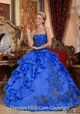 Brand New Blue Puffy Strapless with Appliques Quinceanera Dress for 2014