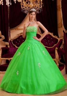 Cheap Strapless Appliques Princess 2014 Spring Green Quinceanera Dresses