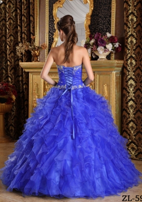 Classical Blue Puffy Sweetheart with Ruffles Decorate for 2014 Quinceanera Dress