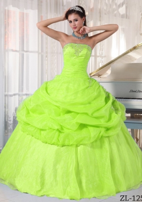 Elegant Yellow Green Strapless Appliques Puffy Quinceanera Dresses
