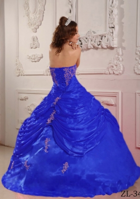 Exclusive Blue Puffy Strapless Appliques Decorate for 2014 Quinceanera Dress