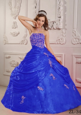 Exclusive Blue Puffy Strapless Appliques Decorate for 2014 Quinceanera Dress
