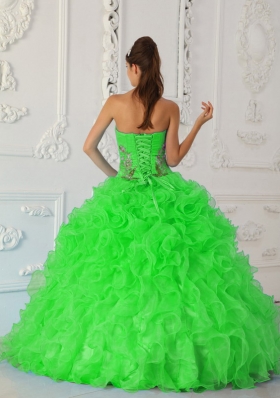 Exquisite Puffy Strapless Embroidery Green Quinceanera Dresses