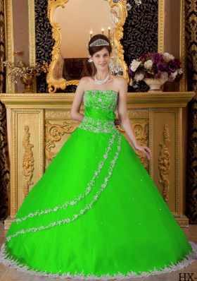 Princess Strapless Lace Appliques Quinceanera Dresses in Spring Green