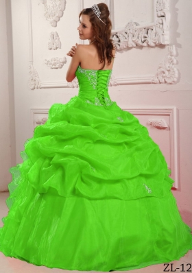 Spring Green Ball Gown Organza Beading And Ruffles Quinceanera Dresses with Strapless