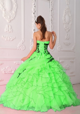 Sweet Puffy Spring Green Strapless Appliques and Ruffles Quinceanera Dresses