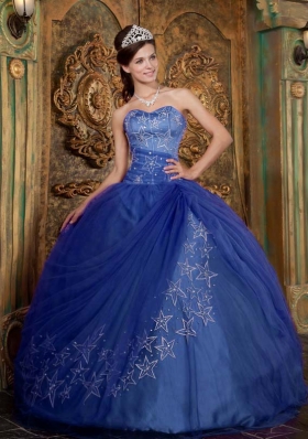 2014 Exclusive Blue Puffy Sweetheart Appliques Quinceanera Dresses