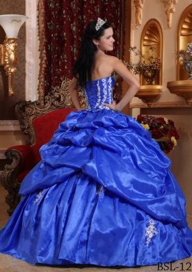 2014 Quinceanera Dress in Blue Puffy Strapless Appliques