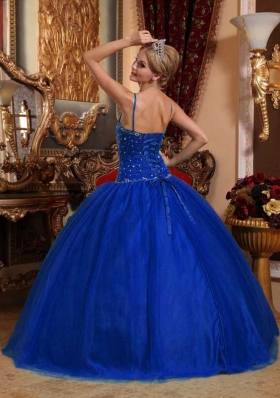 2014 Royal Blue Puffy Spaghetti Straps Beading Quinceanera Dress