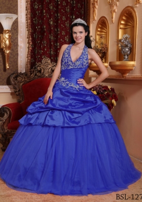 2014 Spring Puffy Halter Appliques Quinceanera Dress with Pick-ups