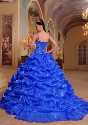 Blue Puffy Spaghetti Straps Embroidery 2014 Quinceanera Dress