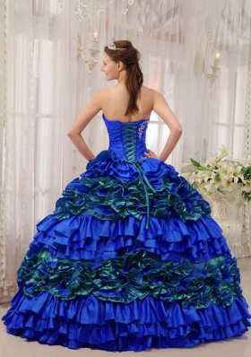 Blue Puffy Strapless Appliques and Ruching 2014 Quinceanera Dress