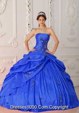 Modest Blue Puffy Strapless for 2014 Appliques Quinceanera Dresses