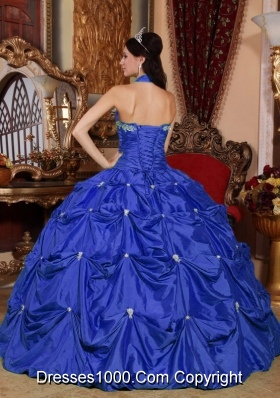 Puffy Halter Top Appliques 2014 Quinceanera Dresses with Pick-ups