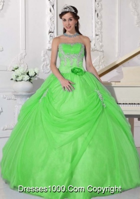 Puffy Strapless Appliques Quinceanera Gowns in Spring Green
