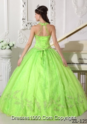 Spring Green Halter Organza 2014 Quinceanera Dresses with Appliques