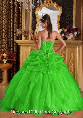 Spring Green Puffy Sweetheart Quinceanera Gown Appliques with Beading