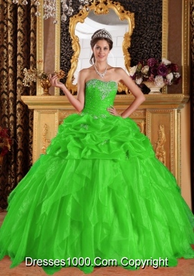 Spring Green Puffy Sweetheart Quinceanera Gown Appliques with Beading