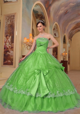 Unique Strapless Sequins and Organza Puffy Quinceanera Dresses with Bows