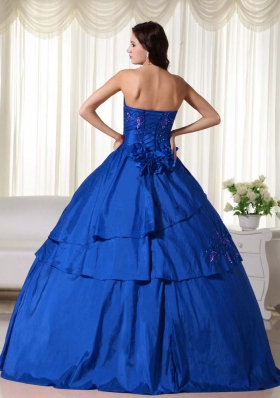 2014 Blue Puffy Strapless Hand Made Flowers Quinceanera Dress