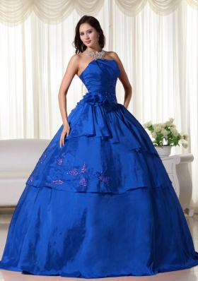 2014 Blue Puffy Strapless Hand Made Flowers Quinceanera Dress