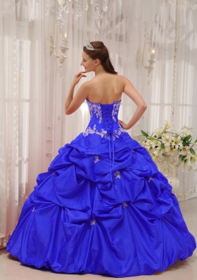 2014 Blue Puffy Sweetheart Appliques Quinceanera Dresses with Pick-ups