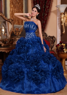 2014 Popular Blue Puffy Strapless Appliques Quinceanera Dress with Ruffles