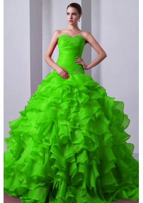 2014 Pretty Princess Sweetheart Beading and Ruffles Quinceanea Dresses in Spring Green