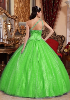 2014 Puffy Beading Quinceanera Dresses with One Shoulder