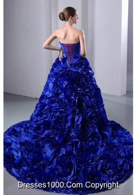 2014 Royal Blue Princess Ruching and Hand Made Flowers Quinceanea Dress