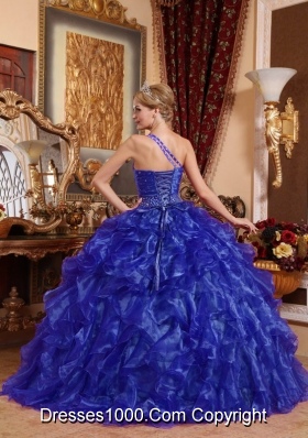 Affordable Blue Puffy One Shoulder 2014 Beading Quinceanera Dresses