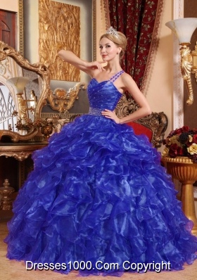 Affordable Blue Puffy One Shoulder 2014 Beading Quinceanera Dresses