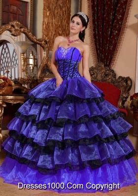 Blue and Black Sweetheart Organza Sweet Sixteen Dresses with Layers