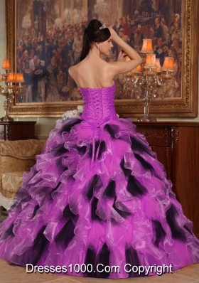 Fuchsia and Black Princess Strapless Organza Quinceanera Gowns with Ruffles