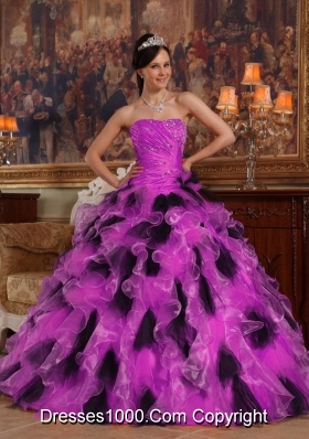 Fuchsia and Black Princess Strapless Organza Quinceanera Gowns with Ruffles