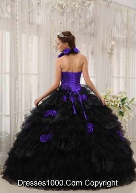 Halter Purple and Black Quinceanera Dress with Hand Made Flowers and Ruffles