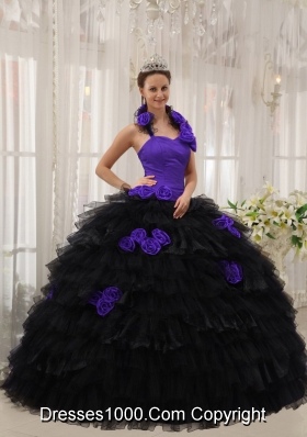 Halter Purple and Black Quinceanera Dress with Hand Made Flowers and Ruffles