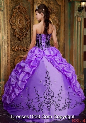 Luxurious Strapless Black Embroidery for Purple Quinceanera Dress