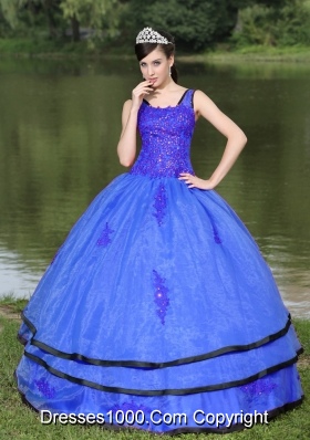 Most Popular V-neck Appliques Blue Quinceanera Dress With Long Sleeves